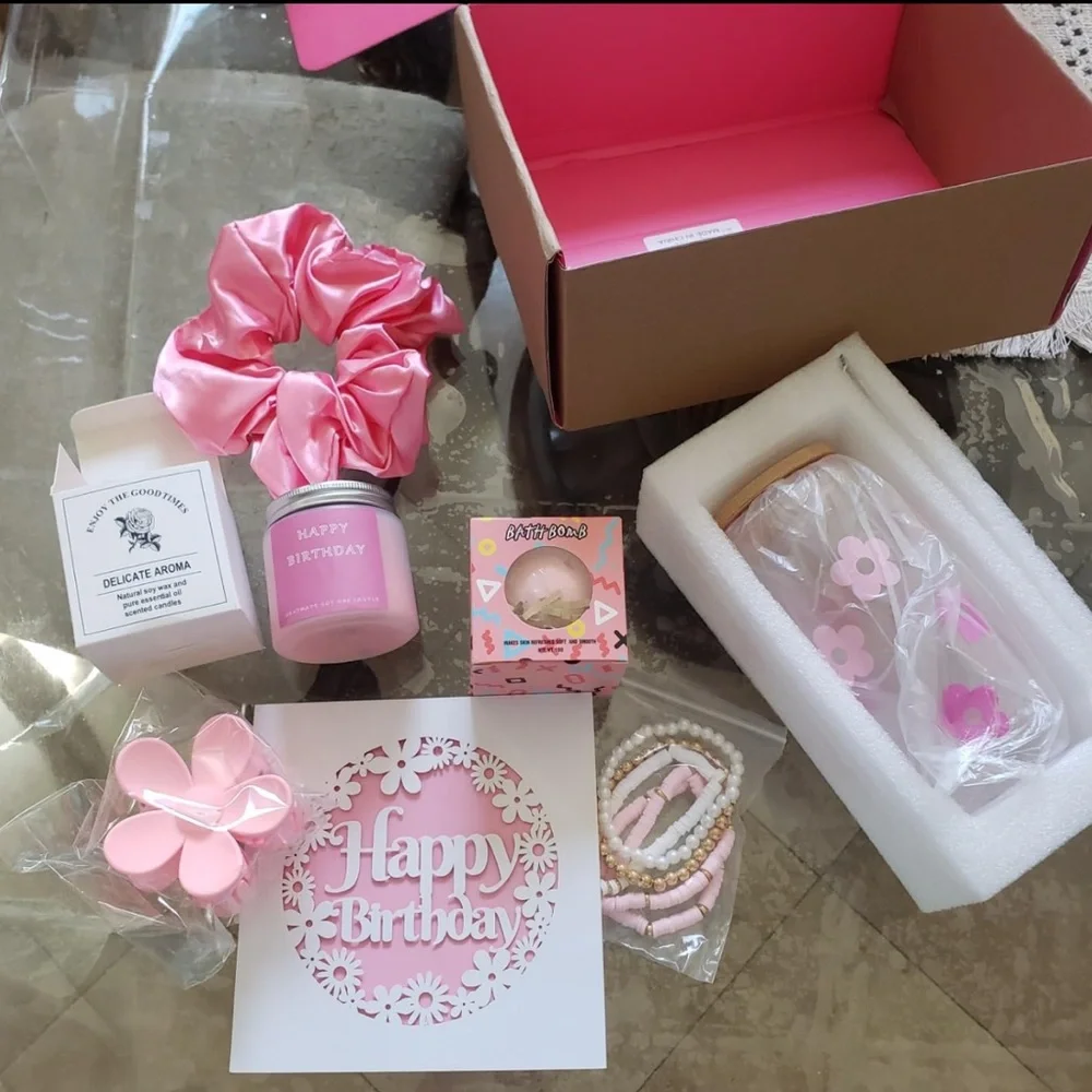 NEW! Happy Birthday Gift Box for Women Rose Scented Spa Items Floral Unique Pink